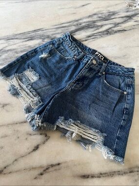 PTCL Vintage High Waist Dark Blue Distressed Denim Jean Shorts